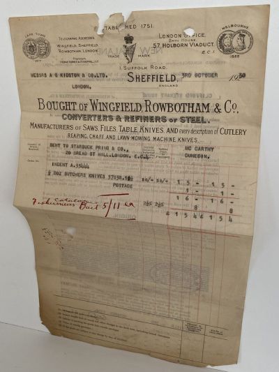 OLD INVOICE: Bought of Wingfield, Rowbotham & Co. London - Steel Refiners 1930