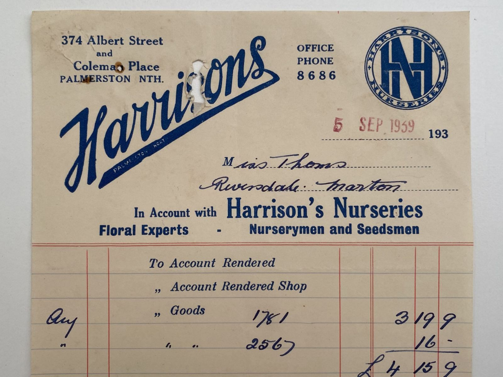 OLD INVOICE: Harrison's Nurseries, P Nth - Nurserymen & Seedsmen 1939