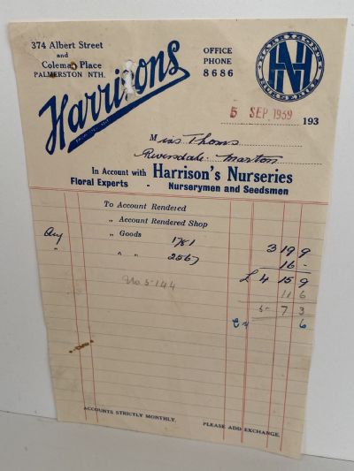 OLD INVOICE: Harrison's Nurseries, P Nth - Nurserymen & Seedsmen 1939