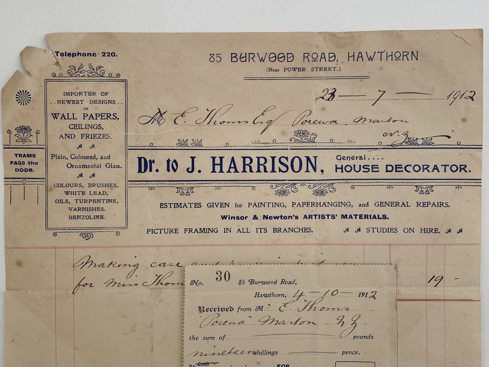 OLD INVOICE: J. Harrison, Hawthorn - House Decorator 1912