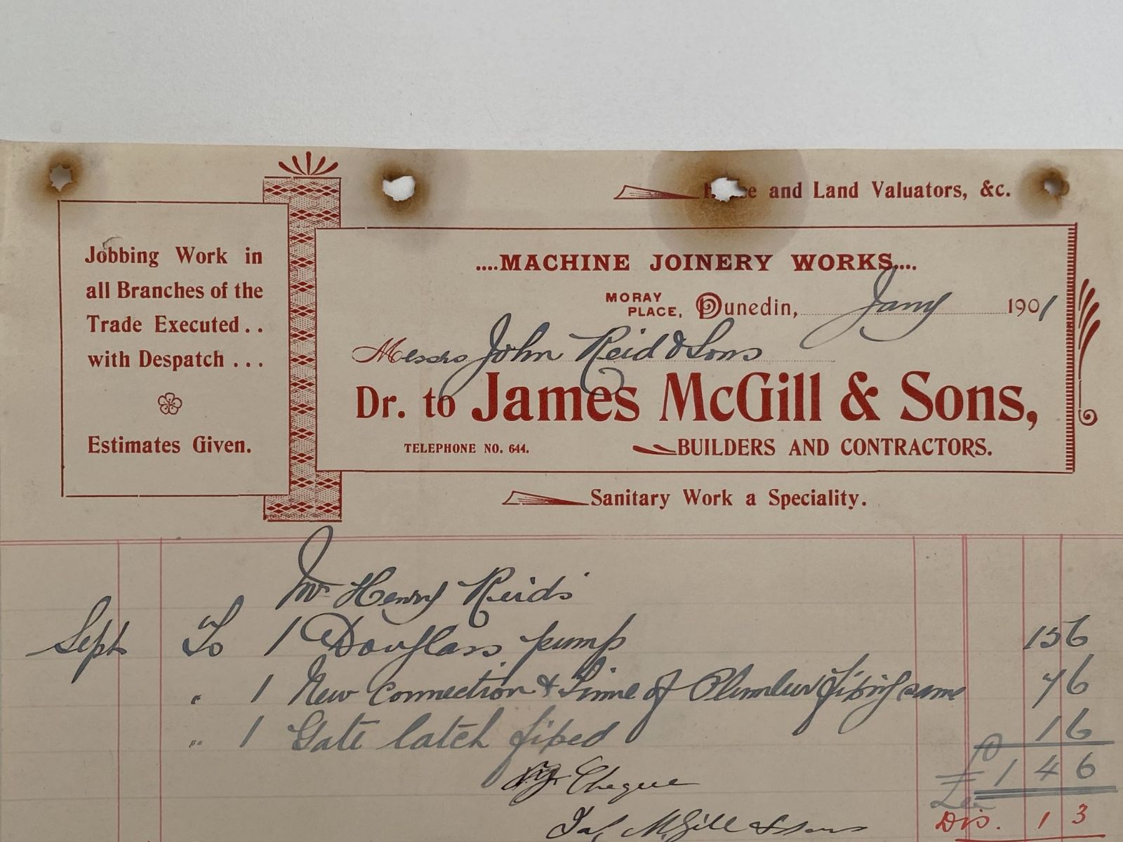 OLD INVOICE: James McGill & Sons, Dunedin - Builders & Contractors 1901 (121 yo)