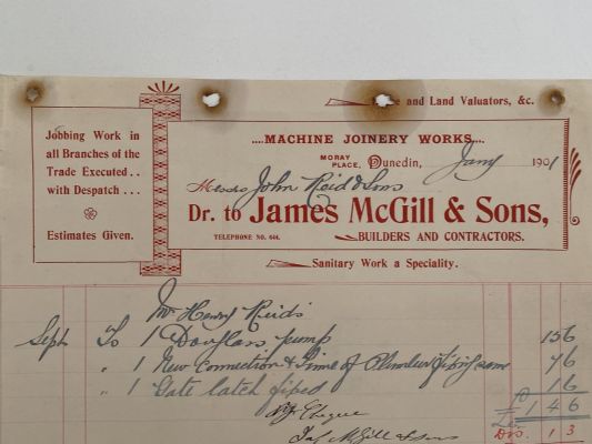 OLD INVOICE: James McGill & Sons, Dunedin - Builders & Contractors 1901 (121 yo) 