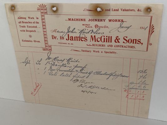 OLD INVOICE: James McGill & Sons, Dunedin - Builders & Contractors 1901 (121 yo)