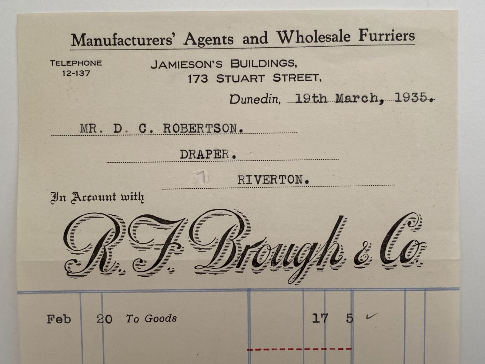 OLD INVOICE: R. J. Brough & Co. Dunedin - Manufacturers' Agents & Furriers 1935