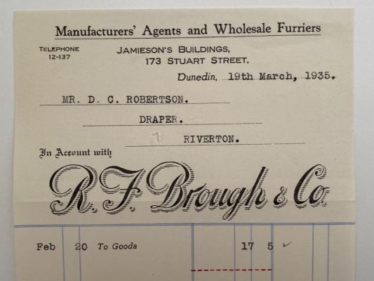 OLD INVOICE: R. J. Brough & Co. Dunedin - Manufacturers' Agents & Furriers 1935 