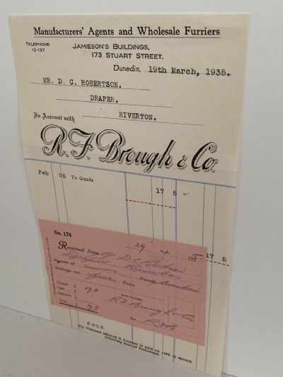 OLD INVOICE: R. J. Brough & Co. Dunedin - Manufacturers' Agents & Furriers 1935