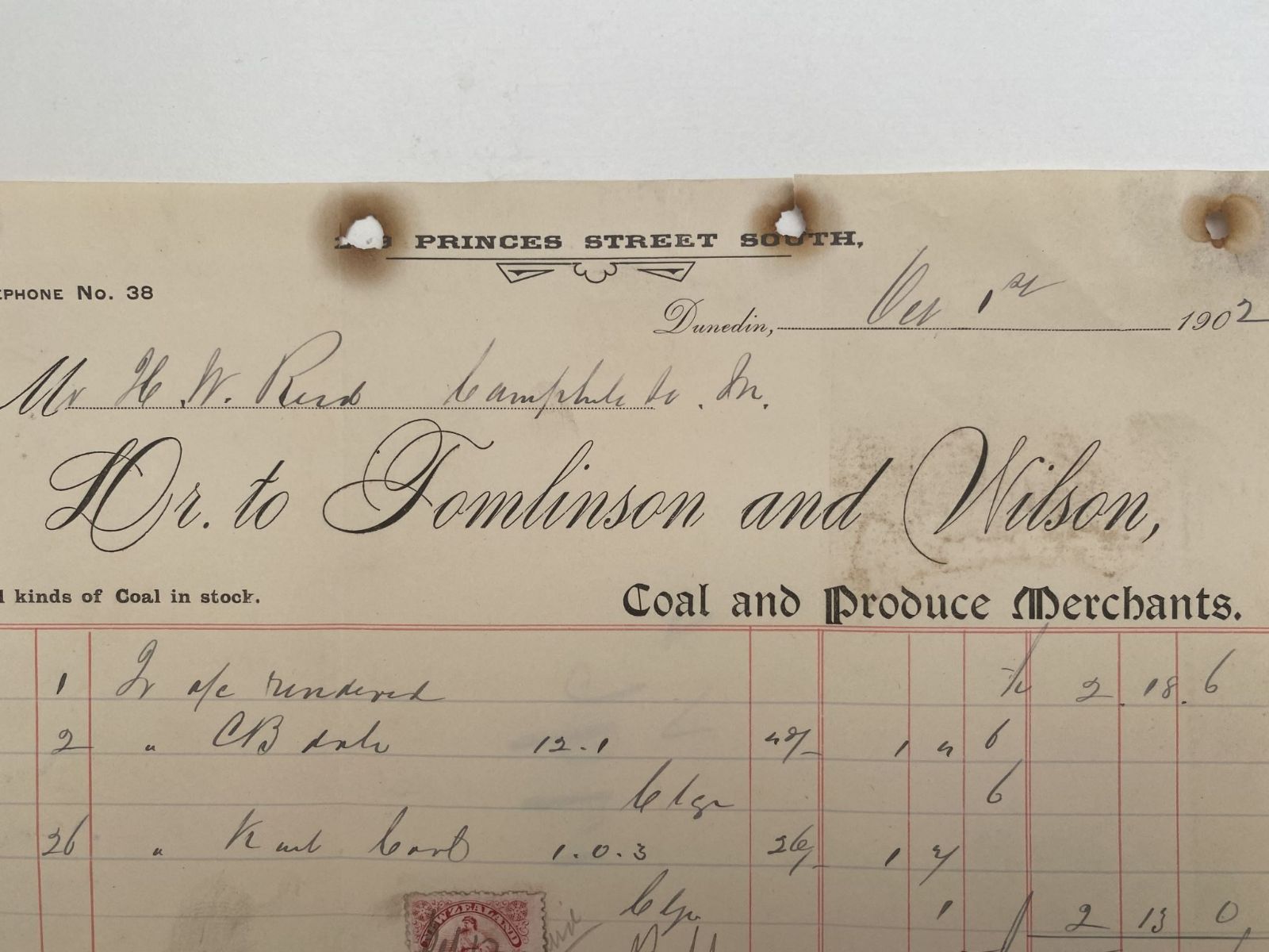 OLD INVOICE: Tomlinson & Wilson, Dunedin - Coal & Produce Merchants 1902 (120yo)