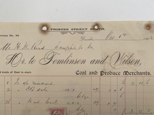 OLD INVOICE: Tomlinson & Wilson, Dunedin - Coal & Produce Merchants 1902 (120yo) 