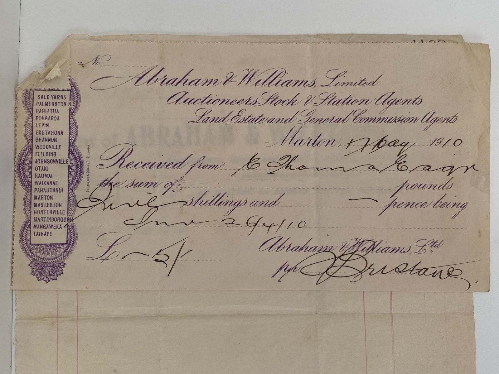 OLD INVOICE: Abraham & Williams Ltd, Marton - Stock Agents 1900 (122 yo)