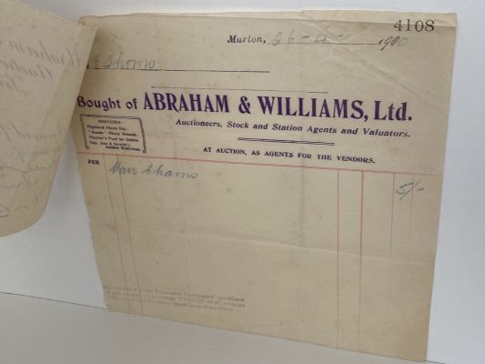 OLD INVOICE: Abraham & Williams Ltd, Marton - Stock Agents 1900 (122 yo)