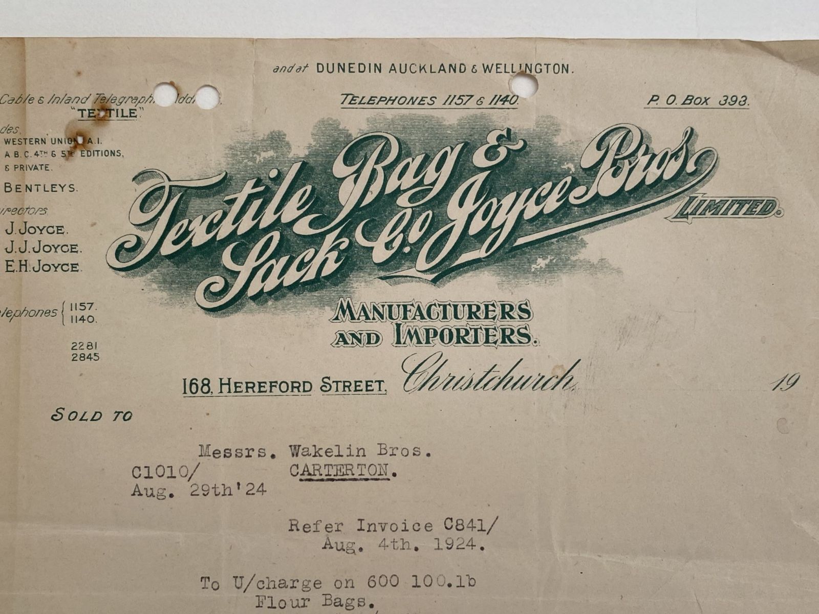 OLD INVOICE: Joyce Bros Ltd. / Textile Bag & Pack Co, Christchurch 1924