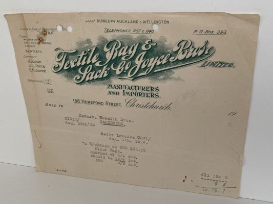 OLD INVOICE: Joyce Bros Ltd. / Textile Bag & Pack Co, Christchurch 1924