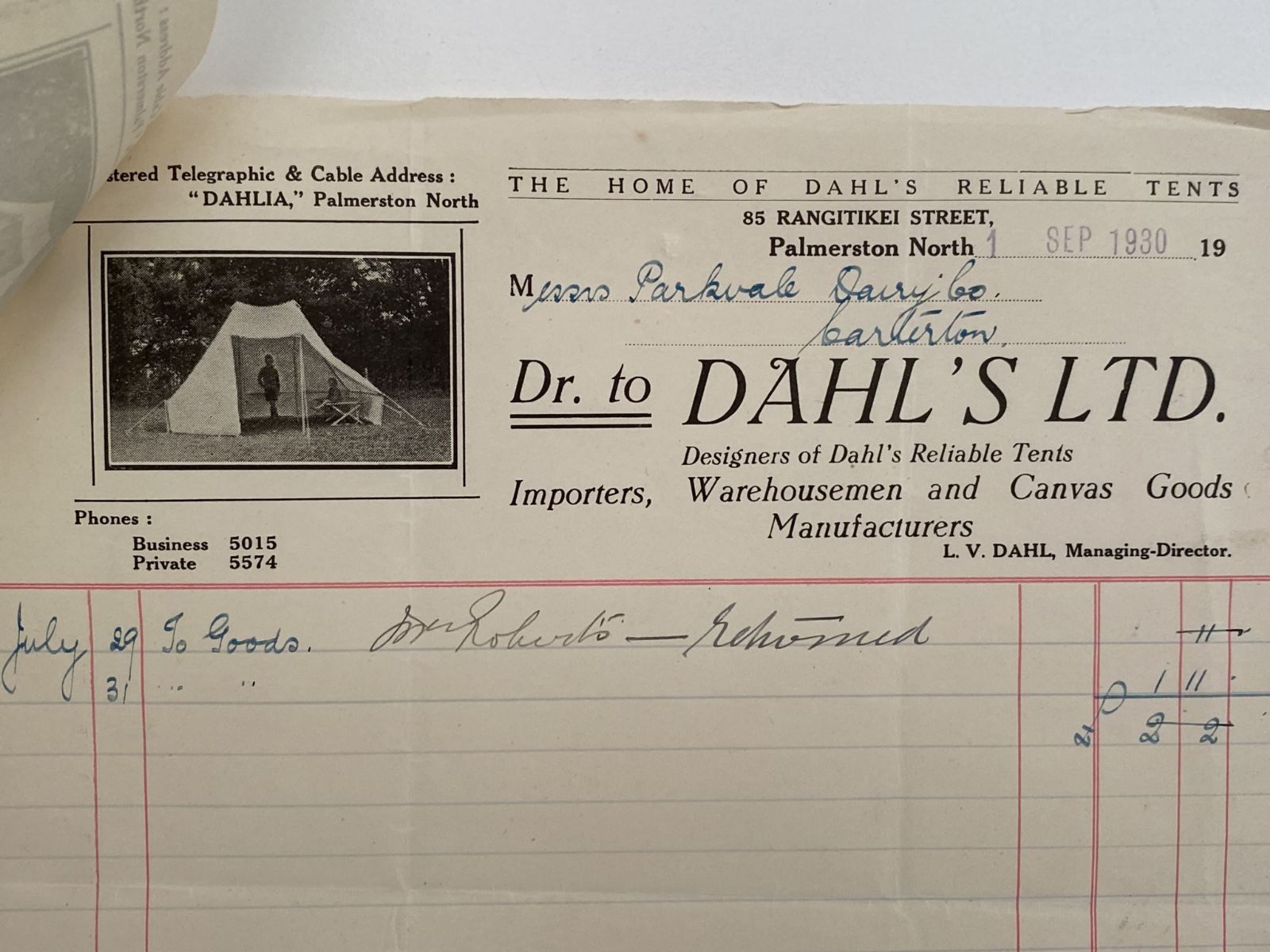 OLD INVOICE: Dahl's Ltd, P North - Importers, Tents, Canvas Goods 1930