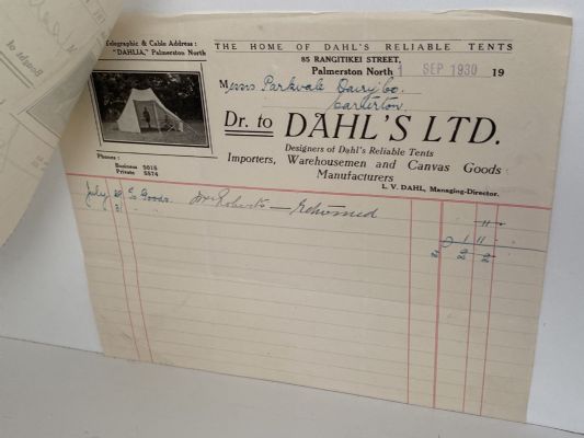 OLD INVOICE: Dahl's Ltd, P North - Importers, Tents, Canvas Goods 1930
