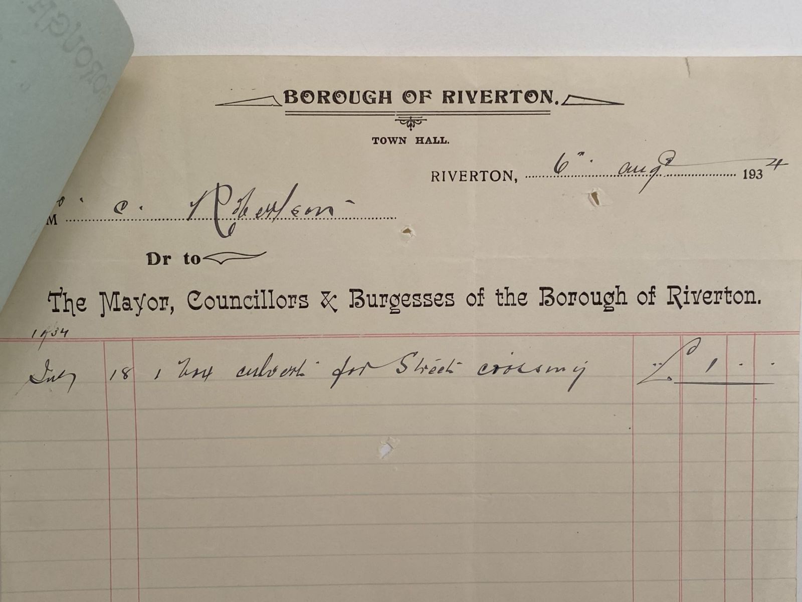 OLD INVOICE: Borough of Riverton, Town Hall 1934