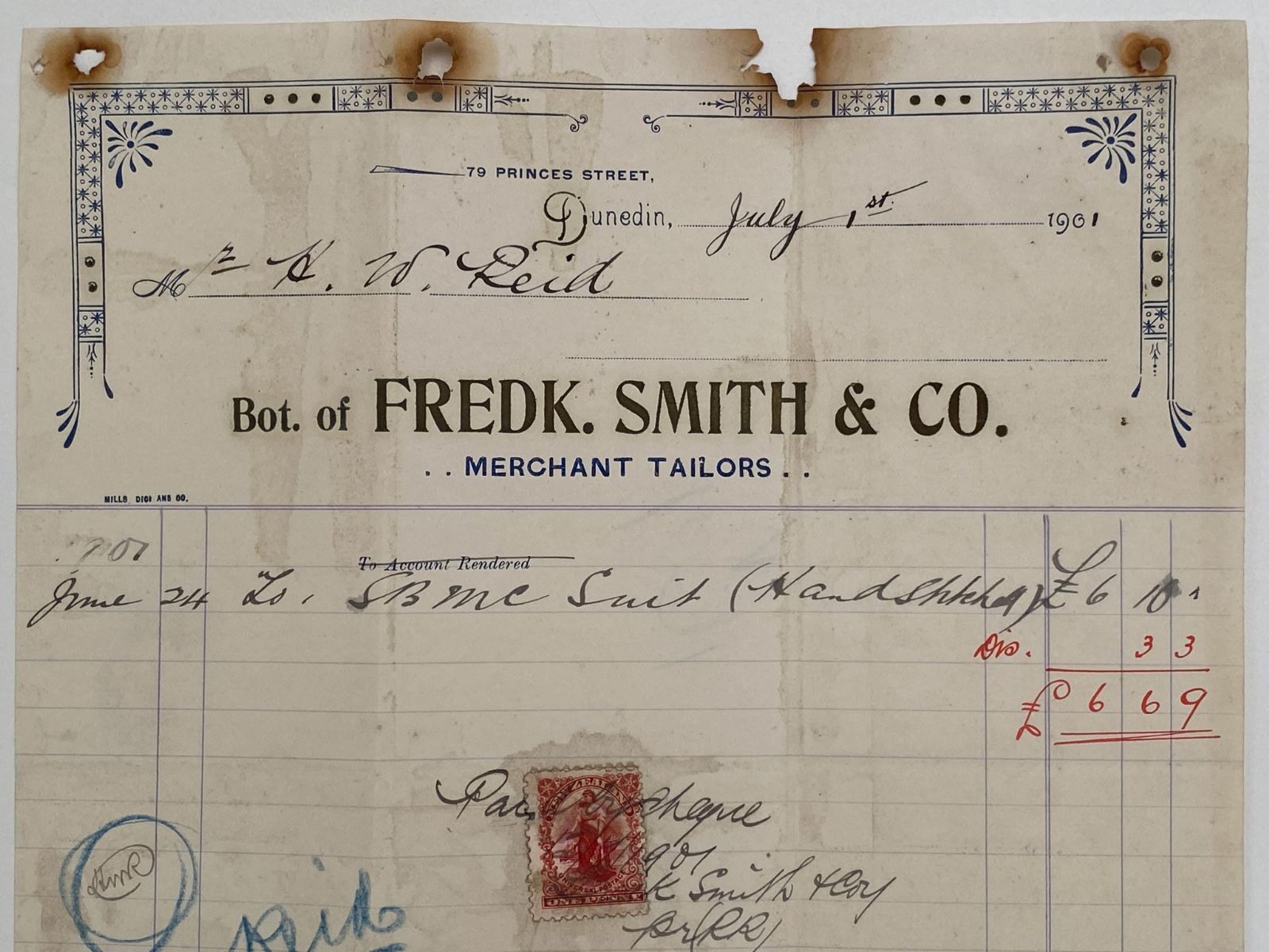 OLD INVOICE: Fredk. Smith & Co. Dunedin - Merchant Tailors 1901 (121 yo)