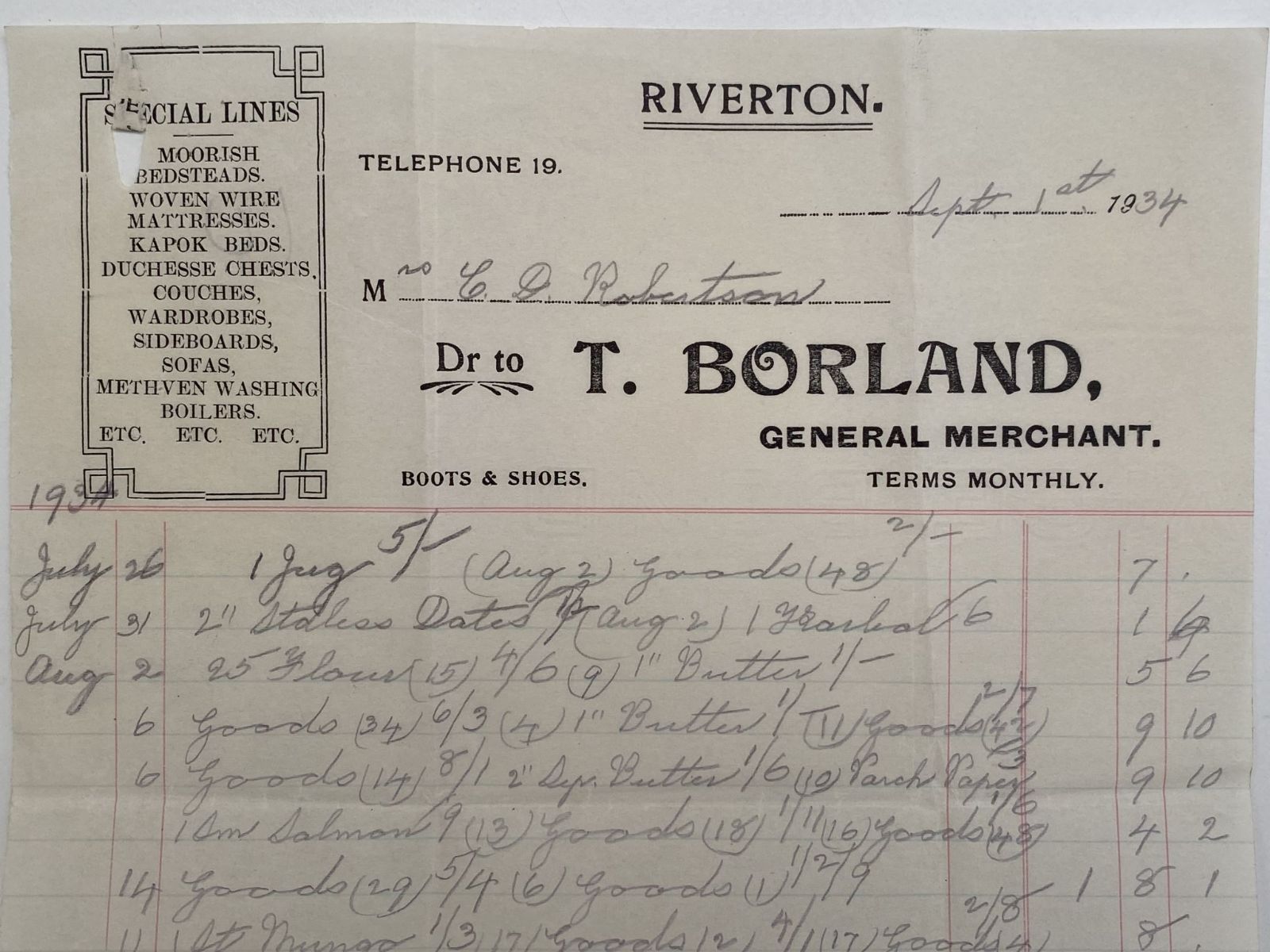 OLD INVOICE: T. Borland, Riverton - General Merchant 1934