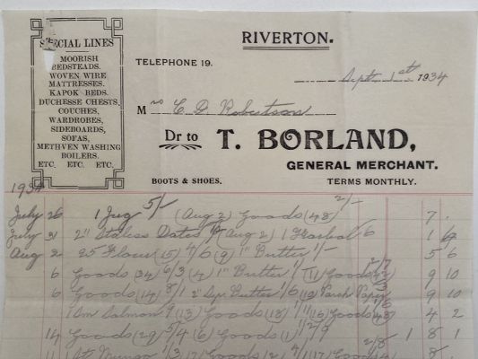 OLD INVOICE: T. Borland, Riverton - General Merchant 1934 