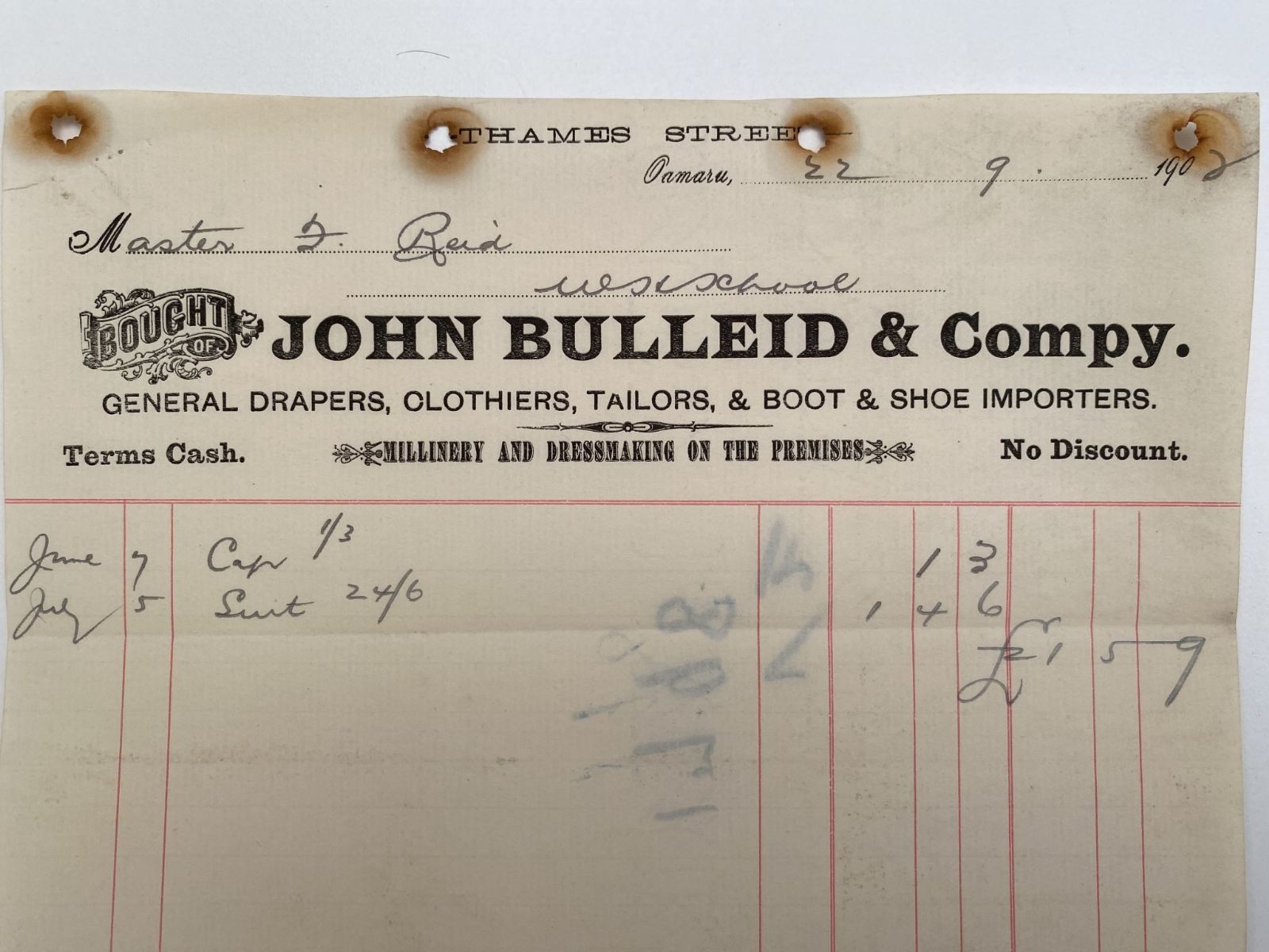 OLD INVOICE: John Bulleid & Co. Oamaru - Drapers, Clothiers, Tailors, Shoes 1902