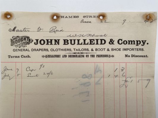 OLD INVOICE: John Bulleid & Co. Oamaru - Drapers, Clothiers, Tailors, Shoes 1902 
