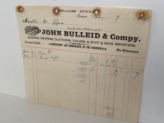 OLD INVOICE: John Bulleid & Co. Oamaru - Drapers, Clothiers, Tailors, Shoes 1902