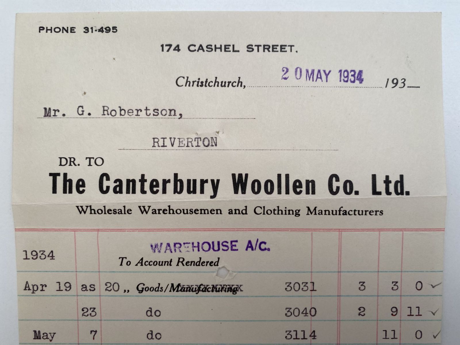 OLD INVOICE: Canterbury Wollen Co. Ltd - Warehousmen, Christchurch 1934
