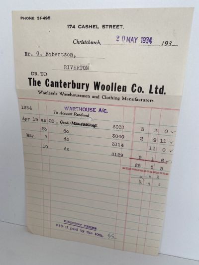 OLD INVOICE: Canterbury Wollen Co. Ltd - Warehousmen, Christchurch 1934