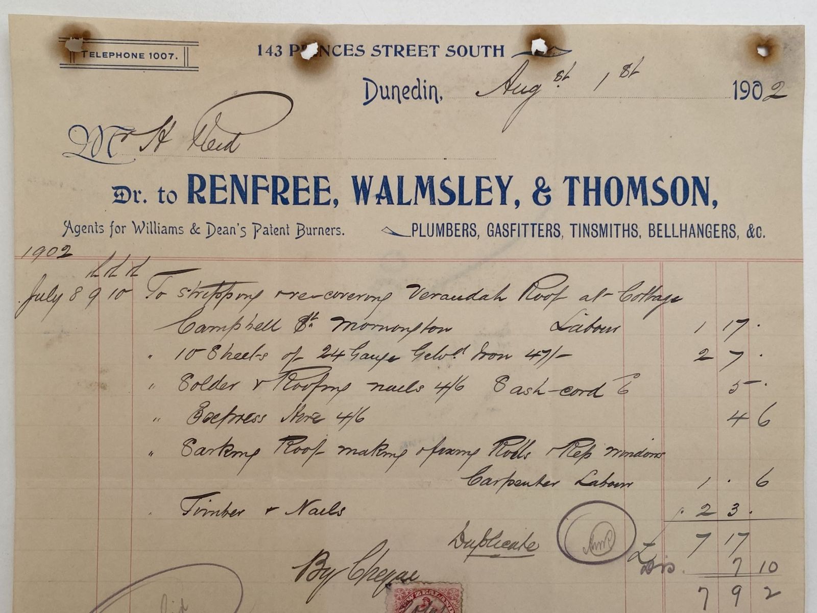 OLD INVOICE: Renfree, Walmsley & Thomson - Plumbers. Dunedin 1902 (120 yo)