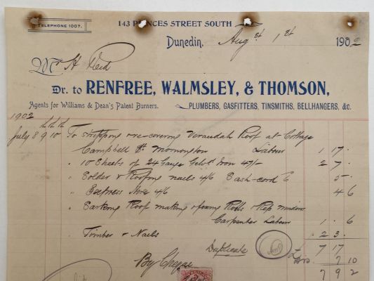 OLD INVOICE: Renfree, Walmsley & Thomson - Plumbers. Dunedin 1902 (120 yo) 