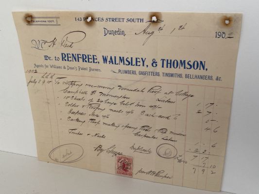 OLD INVOICE: Renfree, Walmsley & Thomson - Plumbers. Dunedin 1902 (120 yo)