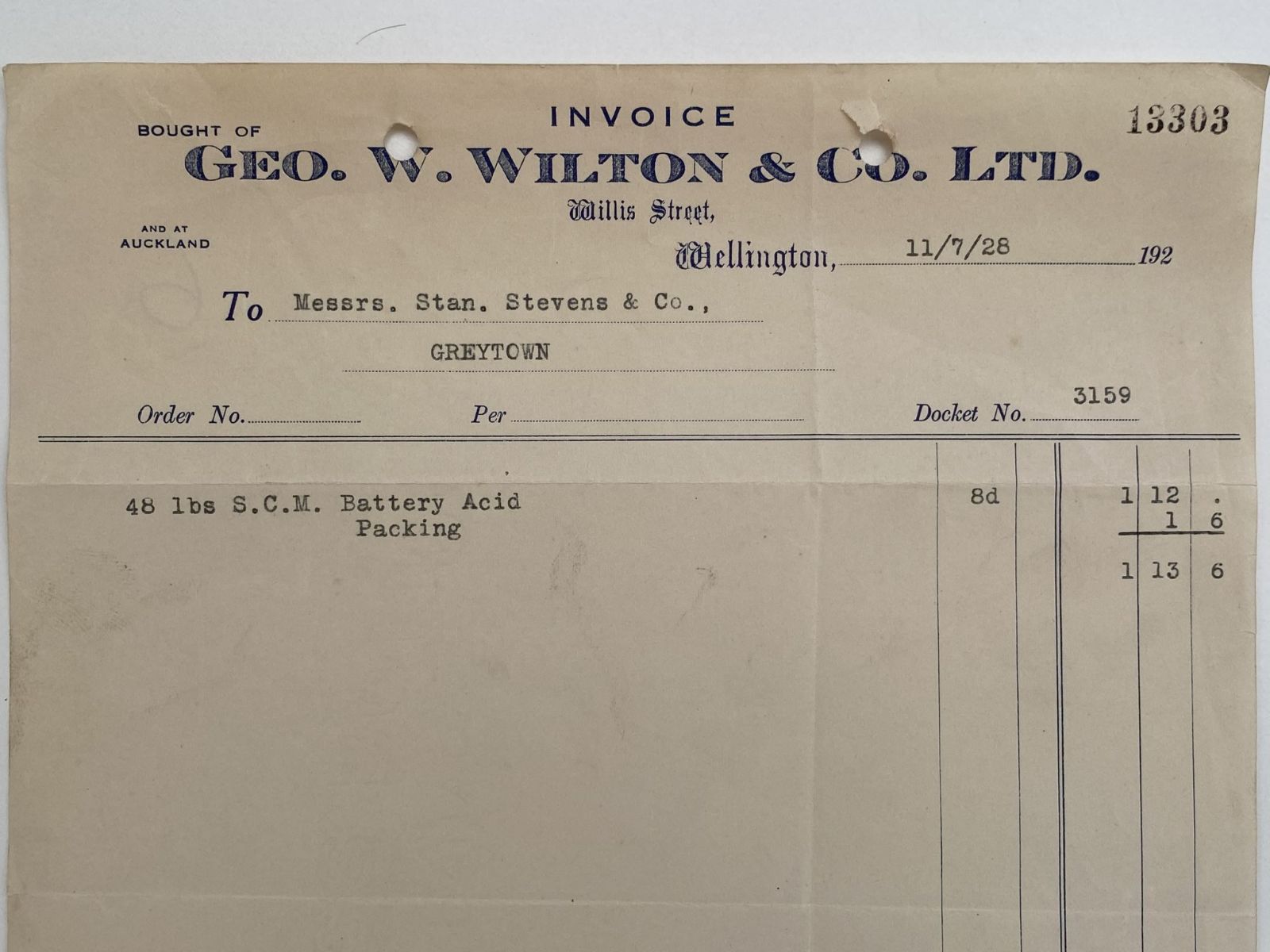 OLD INVOICE: Geo. W. Wilton & Co. Ltd, Auckland 1928