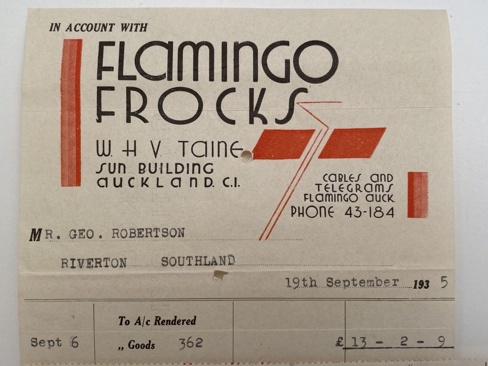 OLD INVOICE/RECEIPT: Flamingo Frocks, Auckland 1935