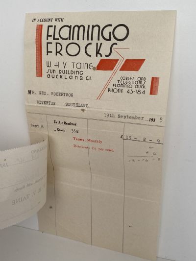 OLD INVOICE/RECEIPT: Flamingo Frocks, Auckland 1935