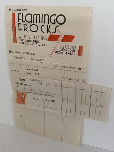 OLD INVOICE/RECEIPT: Flamingo Frocks, Auckland 1935