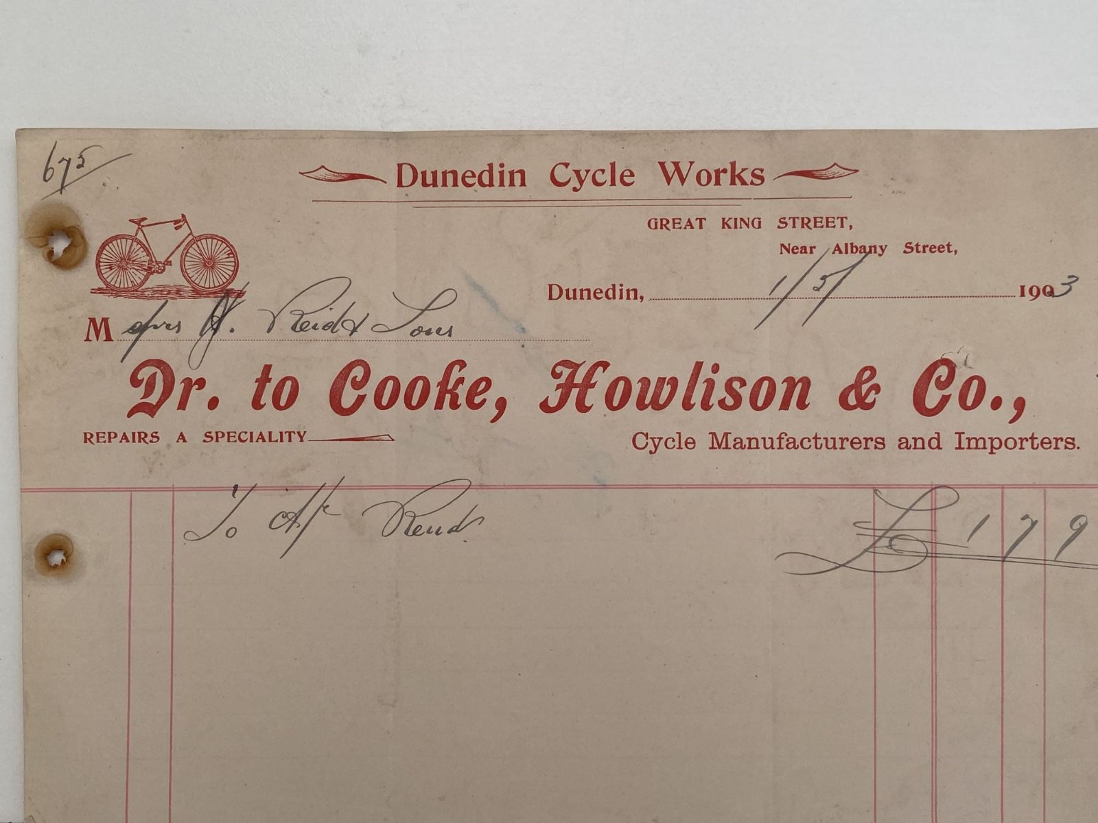 OLD INVOICE: Cooke, Howlinson & Co - Cycle Manufacturers, Dunedin 1903 (119 yo)