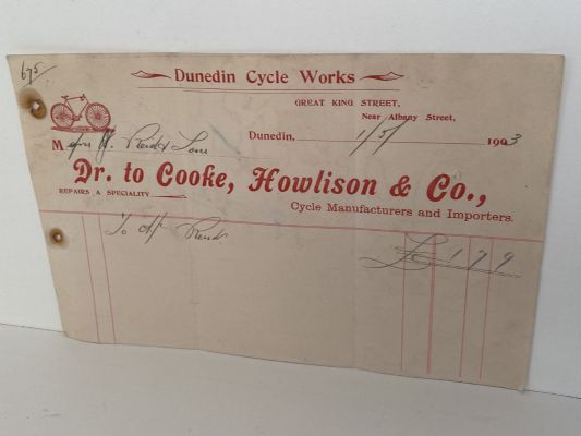 OLD INVOICE: Cooke, Howlinson & Co - Cycle Manufacturers, Dunedin 1903 (119 yo)