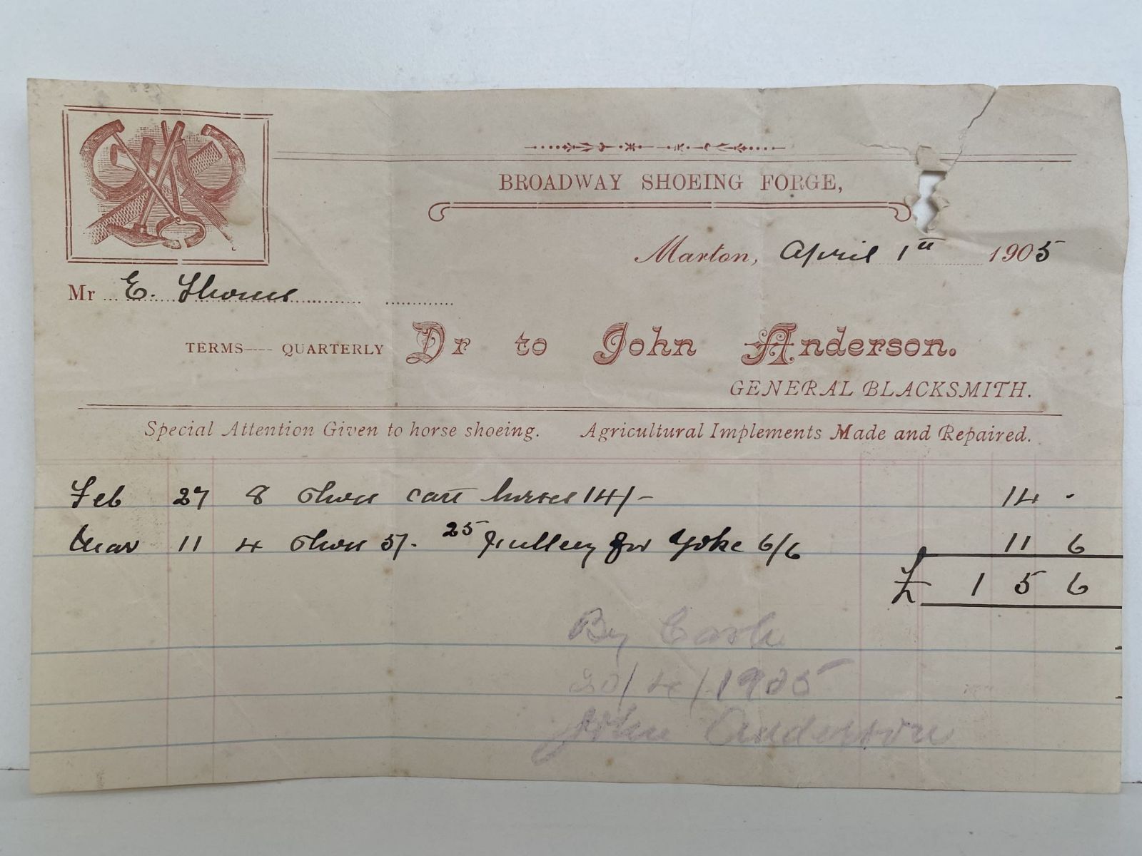 OLD INVOICE: John Anderson - General Blacksmith, Marton 1905 (117yo)