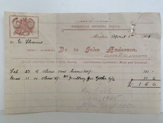 OLD INVOICE: John Anderson - General Blacksmith, Marton 1905 (117yo) 
