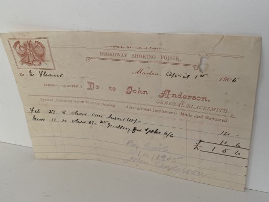 OLD INVOICE: John Anderson - General Blacksmith, Marton 1905 (117yo)