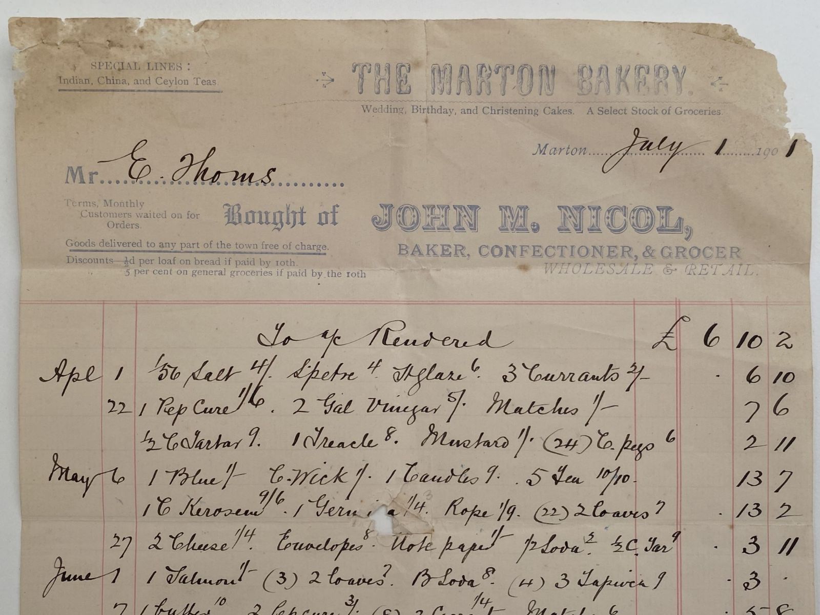 OLD INVOICE: The Marton Bakery / John. M. Nicol, Marton 1901 (121yo)