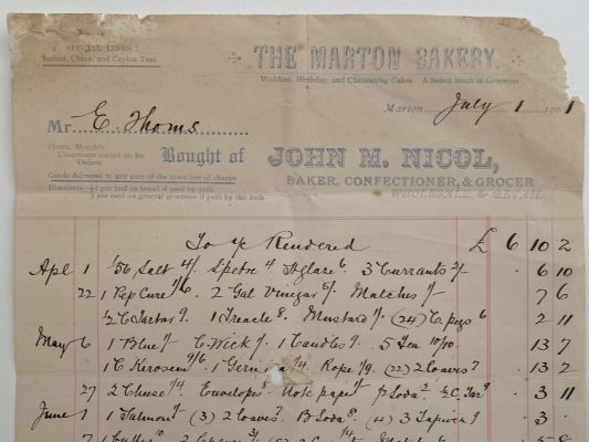 OLD INVOICE: The Marton Bakery / John. M. Nicol, Marton 1901 (121yo) 