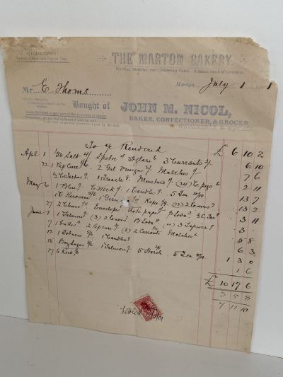 OLD INVOICE: The Marton Bakery / John. M. Nicol, Marton 1901 (121yo)