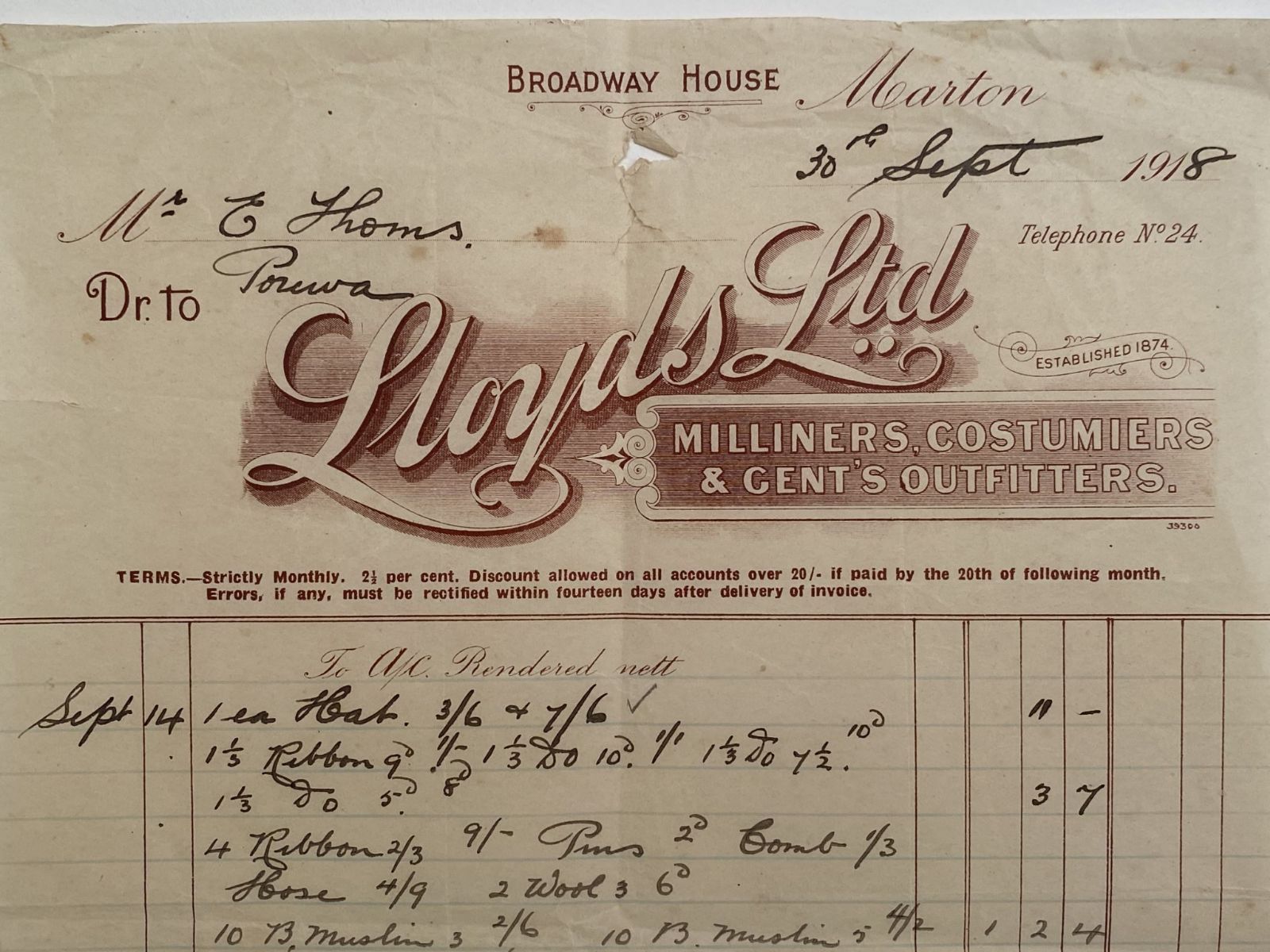 OLD INVOICE: Lloyds Ltd. - Milliners & Gents Outfitters, Marton 1918 (104 yo)