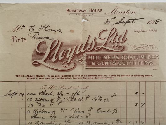 OLD INVOICE: Lloyds Ltd. - Milliners & Gents Outfitters, Marton 1918 (104 yo) 
