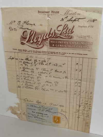 OLD INVOICE: Lloyds Ltd. - Milliners & Gents Outfitters, Marton 1918 (104 yo)