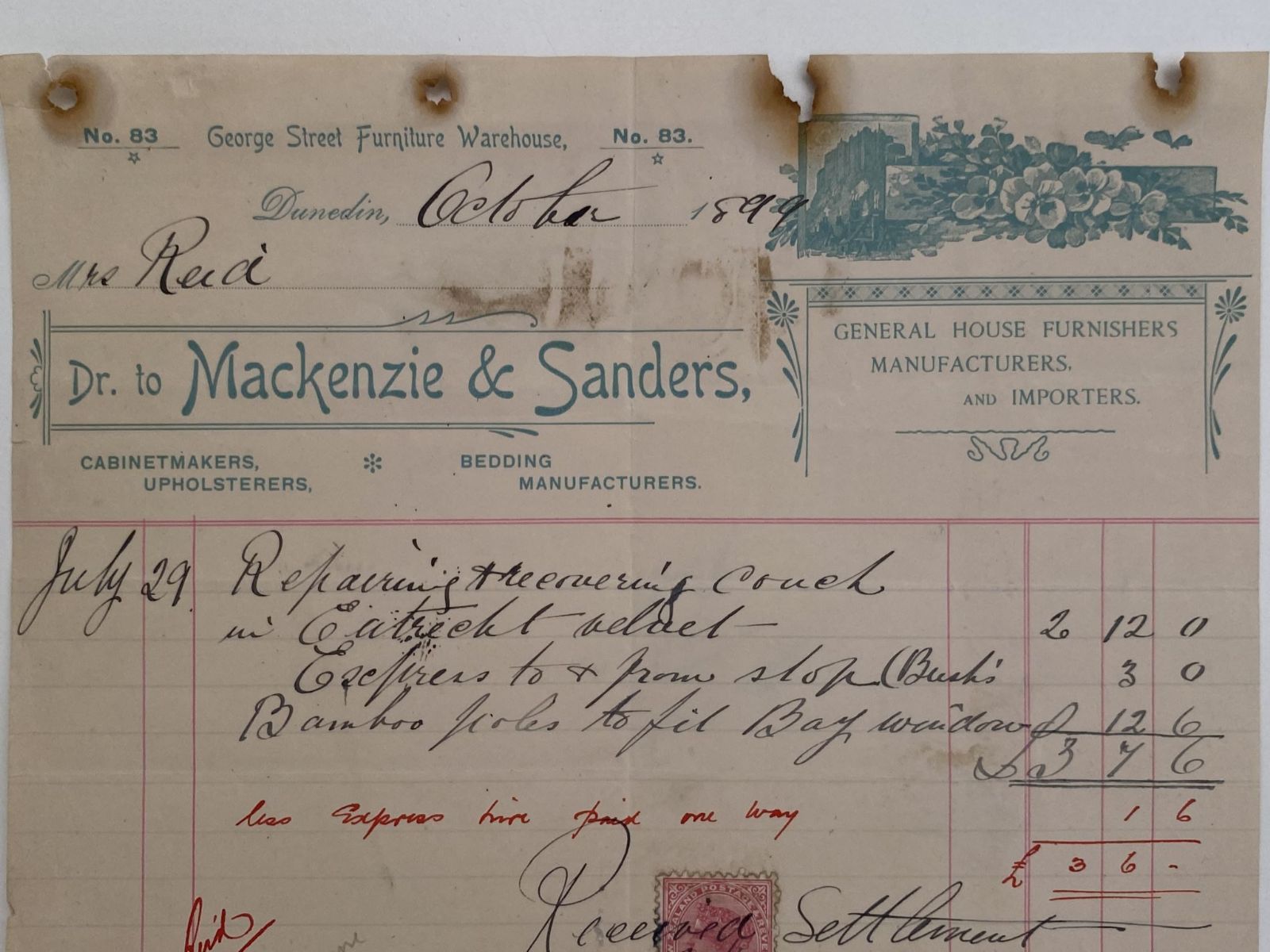 OLD INVOICE: Mackenzie & Sanders - General House Furnishers, Dunedin 1899 /123yo