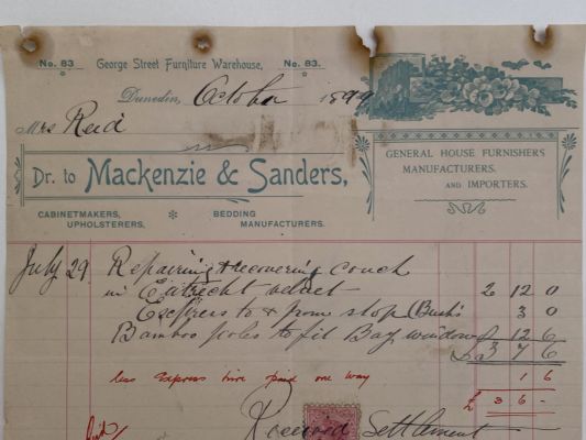 OLD INVOICE: Mackenzie & Sanders - General House Furnishers, Dunedin 1899 /123yo 