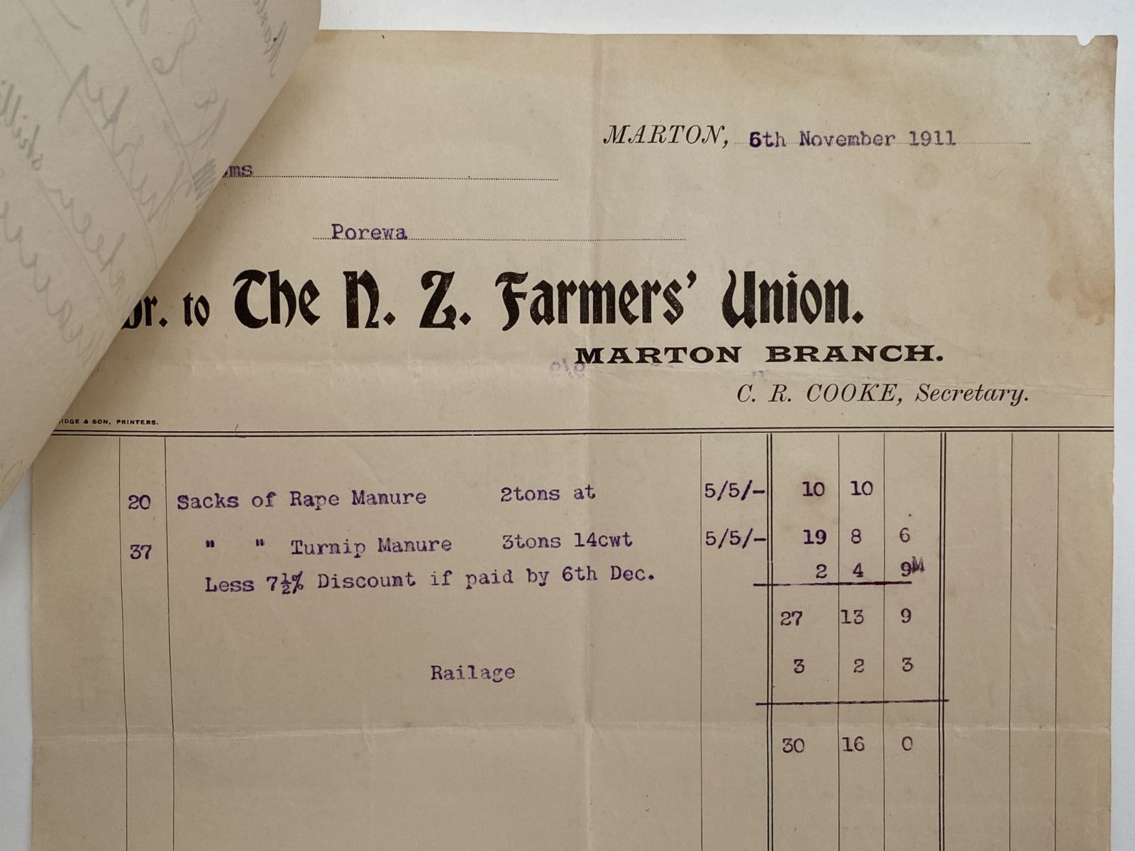 OLD INVOICE / RECEIPT: New Zealand Farmers Union, Marton 1911 (111yo)