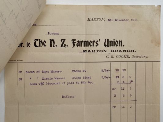 OLD INVOICE / RECEIPT: New Zealand Farmers Union, Marton 1911 (111yo) 