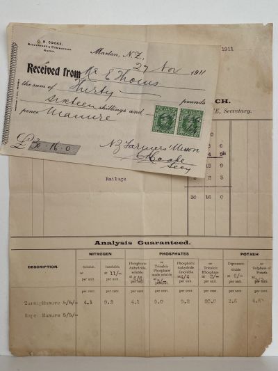 OLD INVOICE / RECEIPT: New Zealand Farmers Union, Marton 1911 (111yo)